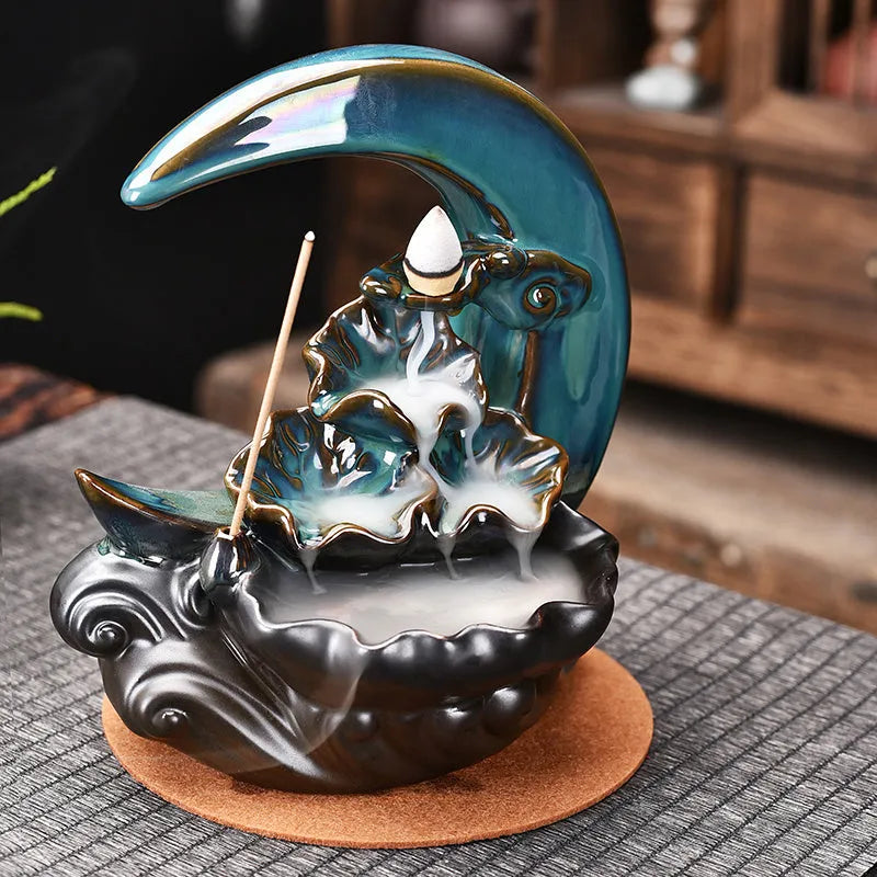 Monochrome glazed porcelain backflow incense burner holder, handmade Chinese abstract ornament for incense, colour A or B