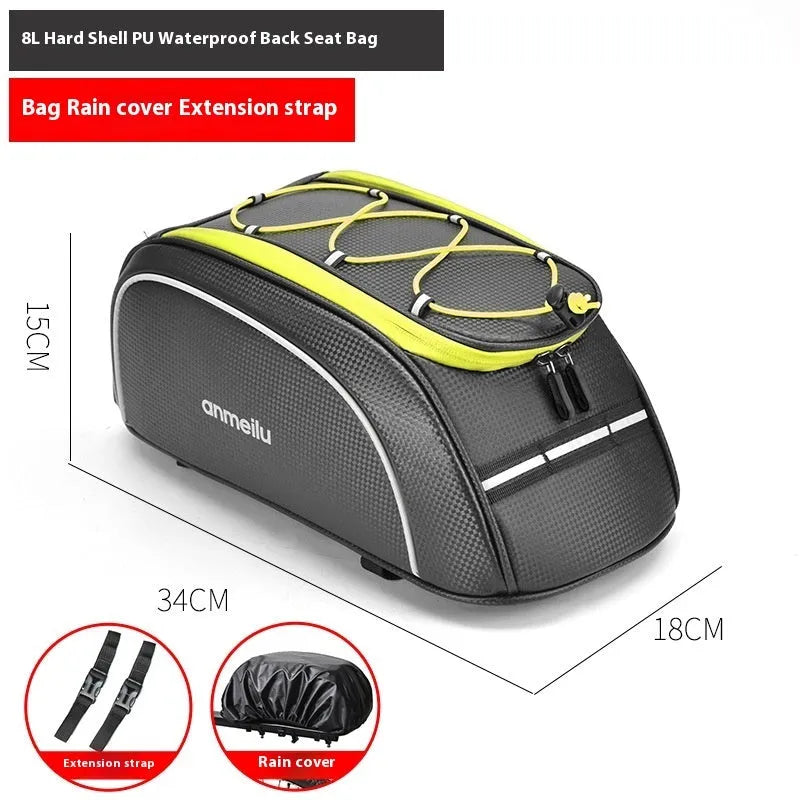 Waterproof black bicycle back rack bag mounted on bike with 8L capacity dimensions