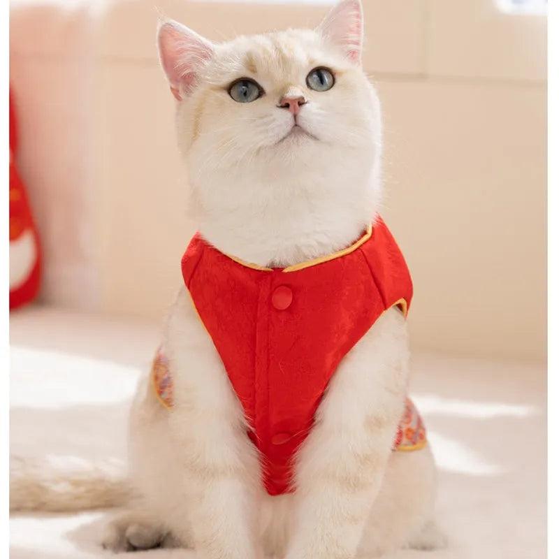 Red Tang suit plum blossom pattern button-up vest for small dog or cat