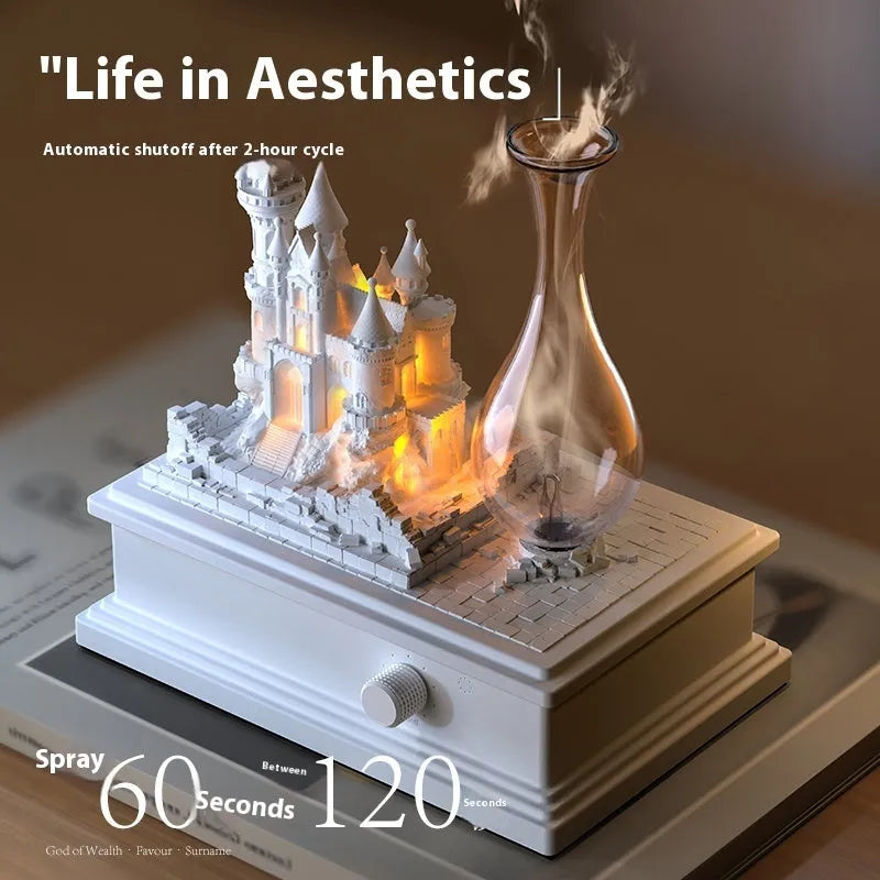 White medieval castle-shaped waterless aromatherapy machine with ambient light on a surface