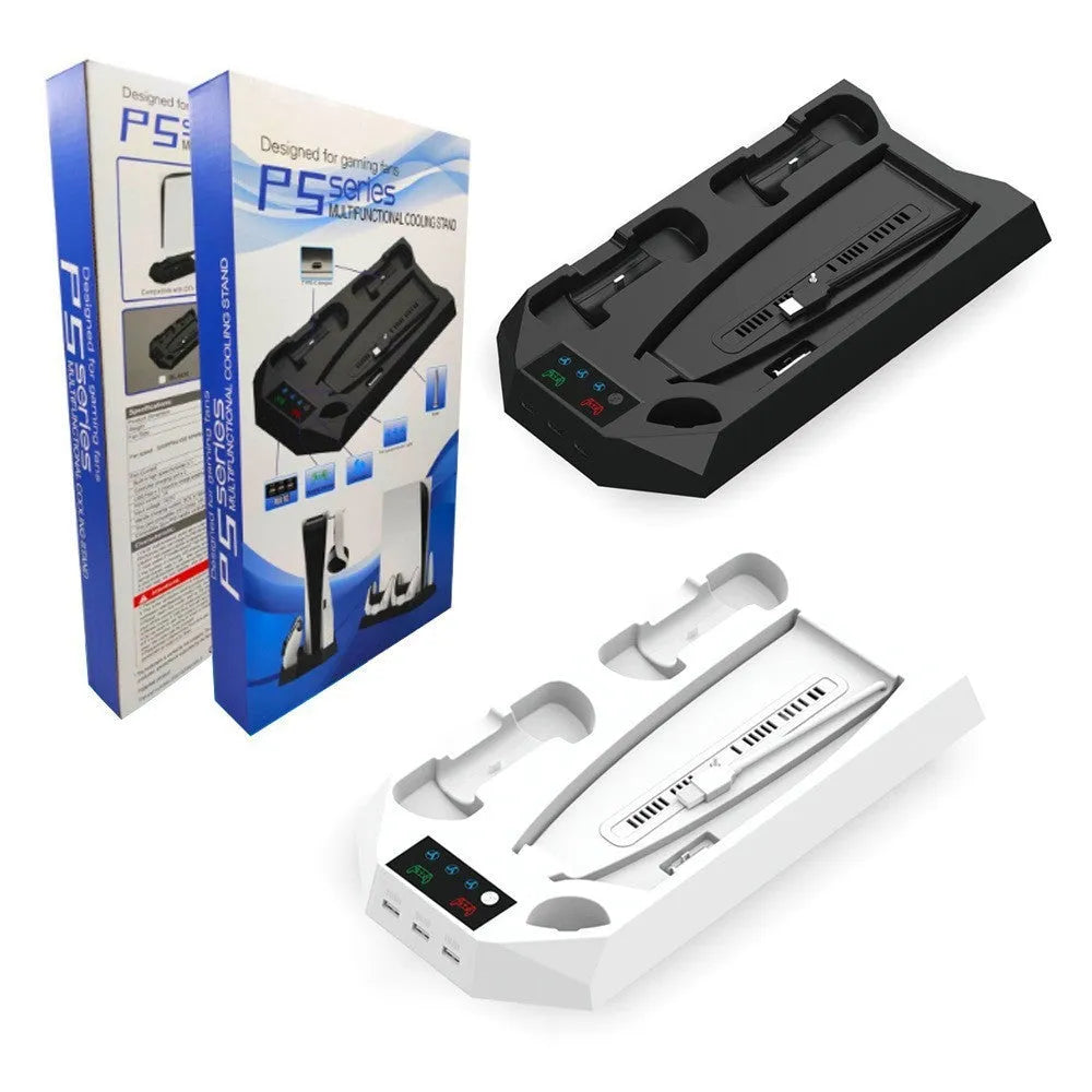 PS5 charging station with direct USB plug, heat dissipation base, and accessory storage in black or white