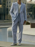Men's blue and white striped polyester suit set with blazer and trousers