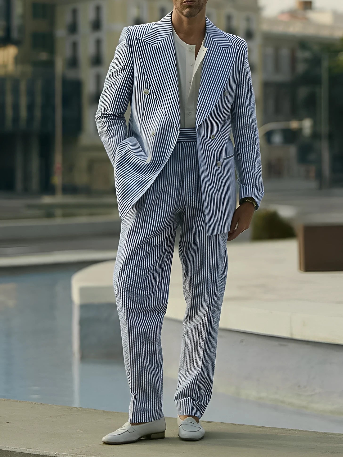Men's blue and white striped polyester suit set with blazer and trousers