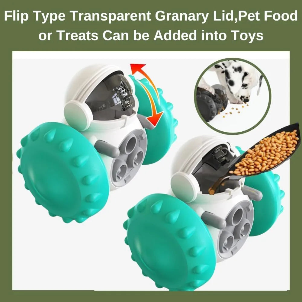 Self-balancing tumbler puzzle toy for small dogs with robot appearance and slow feeder design
