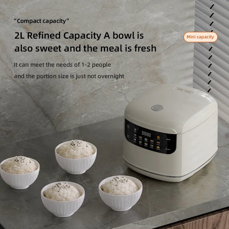 White multi-function smart rice cooker with 2L steamer, touch panel, LCD display, and aluminum core lining