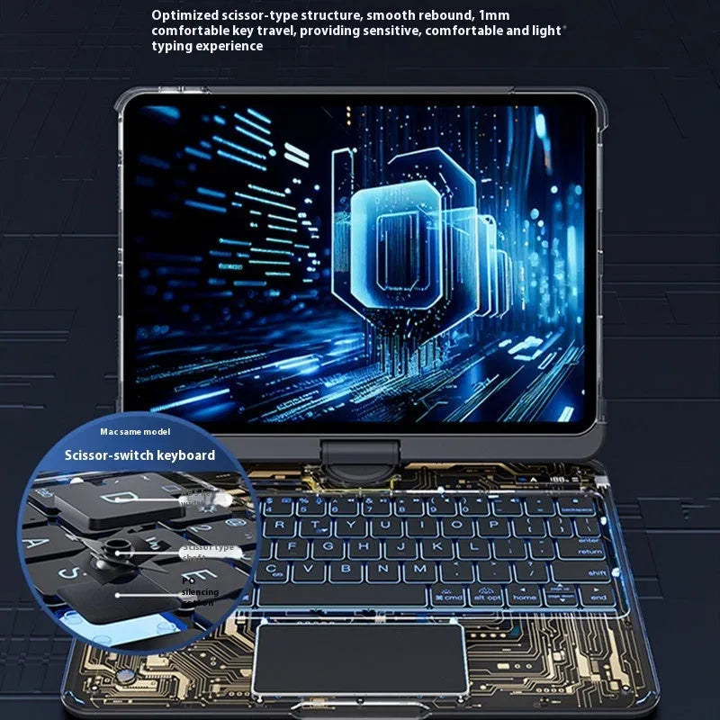 360 swivel transparent keyboard case for iPad with trackpad and pen slot, showing open position
