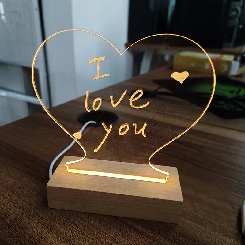 Creative LED USB message board night lamp with warm light, acrylic surface, and pen for writing messages