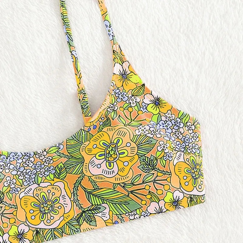 New printed polyester sling bikini swimsuit for women, two-piece set in peacock blue or lemon yellow, sizes S M L