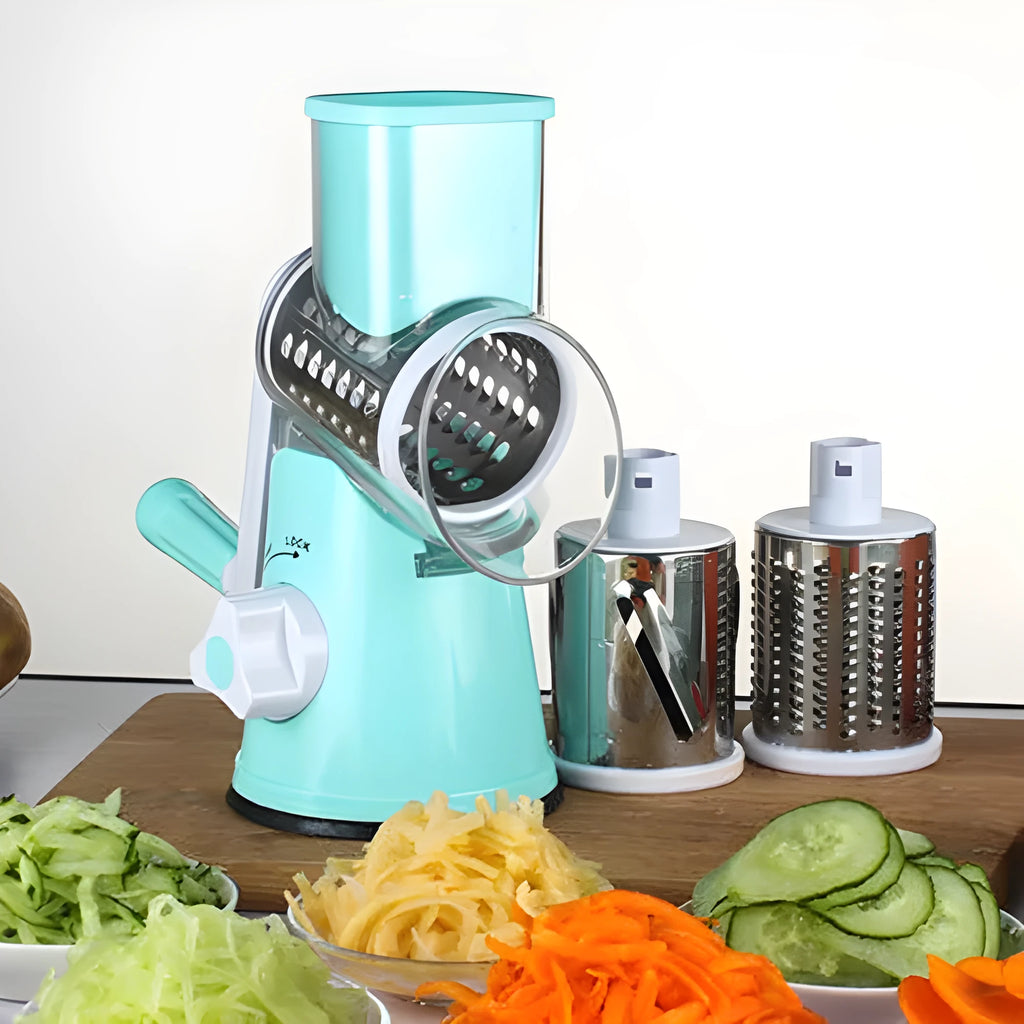Manual round mandoline kitchen slicer with stainless steel blade in blue colour