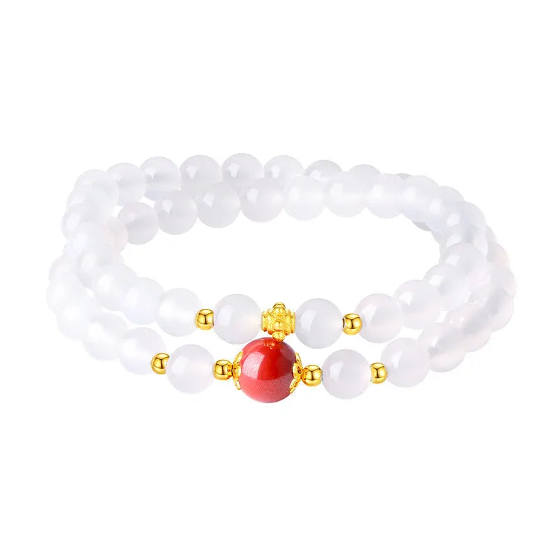 Women's white agate double layer bracelet with jequirity bean cinnabar detailing and geometric beads