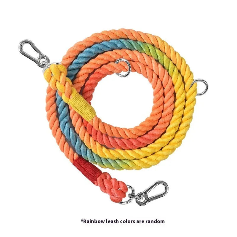 Woven rainbow double-ended dog lead with hand-held rope section in multiple colour options