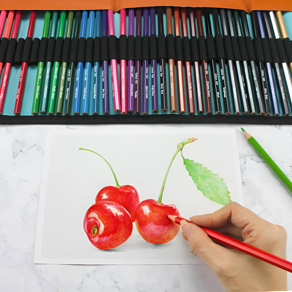 Set of 50 wooden coloured pencils for oily painting in a wooden storage case.