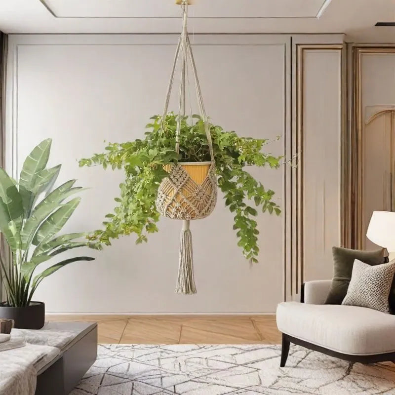 Hand-woven polyester cotton flower pot sleeve in minimalist design with net pocket extension cord