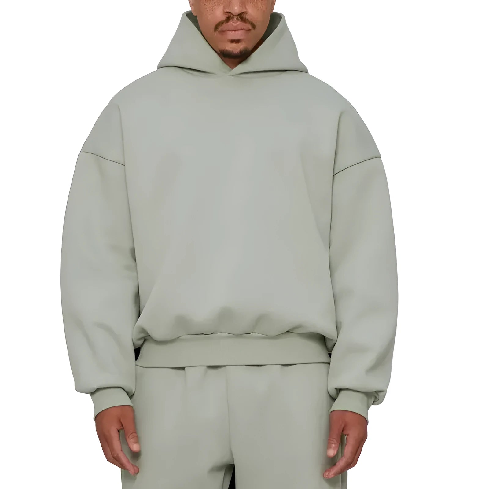 A man wearing a solid colour fleece-lined cotton hoodie with a wool lining.