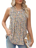 Black plus size floral print sleeveless vest on a hanger, showing loose fit and round neckline.
