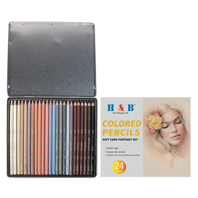 Set of 24 skin colour pencils for portrait art in a round iron tin case.