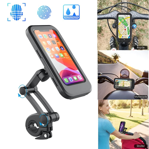 Black adjustable waterproof bicycle and motorcycle phone holder mount for 4 to 6.7 inch mobile devices.