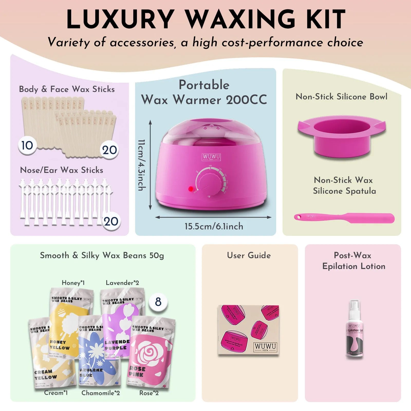 WUWUVISTA 63-piece waxing kit with pink wax warmer, wax beads, lotion, and applicator sticks on a table