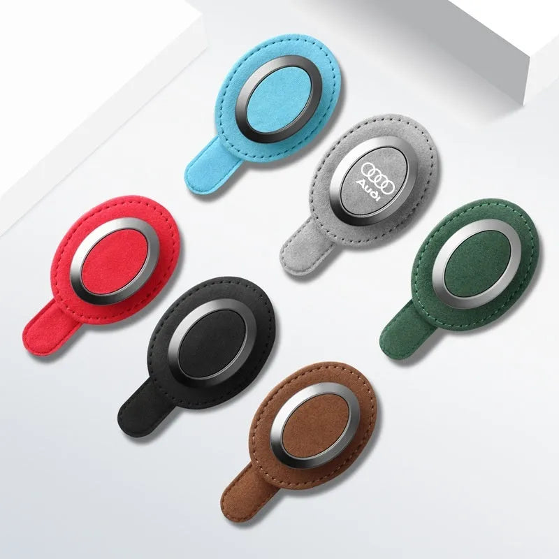 Suede car glasses clip, 11x5cm, attached to sun visor, available in six colours without logo