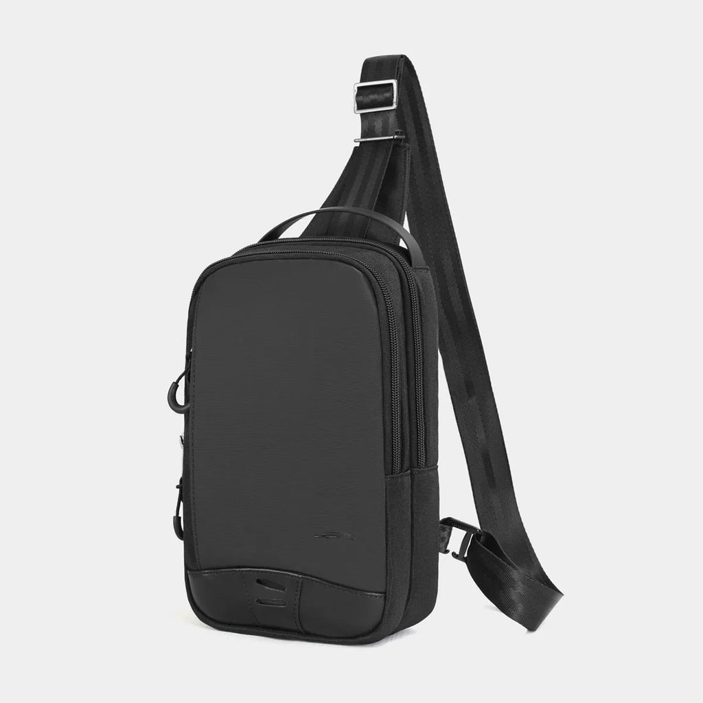 Casual black camouflage chest bag with adjustable strap, shown open to reveal internal phone pocket.