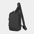 Casual black camouflage chest bag with adjustable strap, shown open to reveal internal phone pocket.