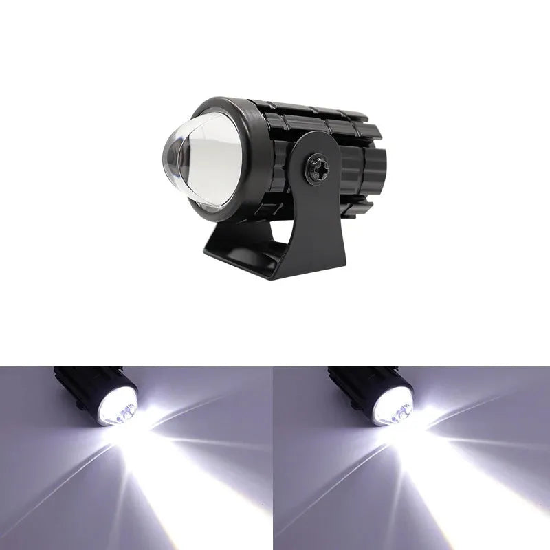 Motorcycle spotlight with dual colour lens in aluminium PC housing measuring 6x6x7cm