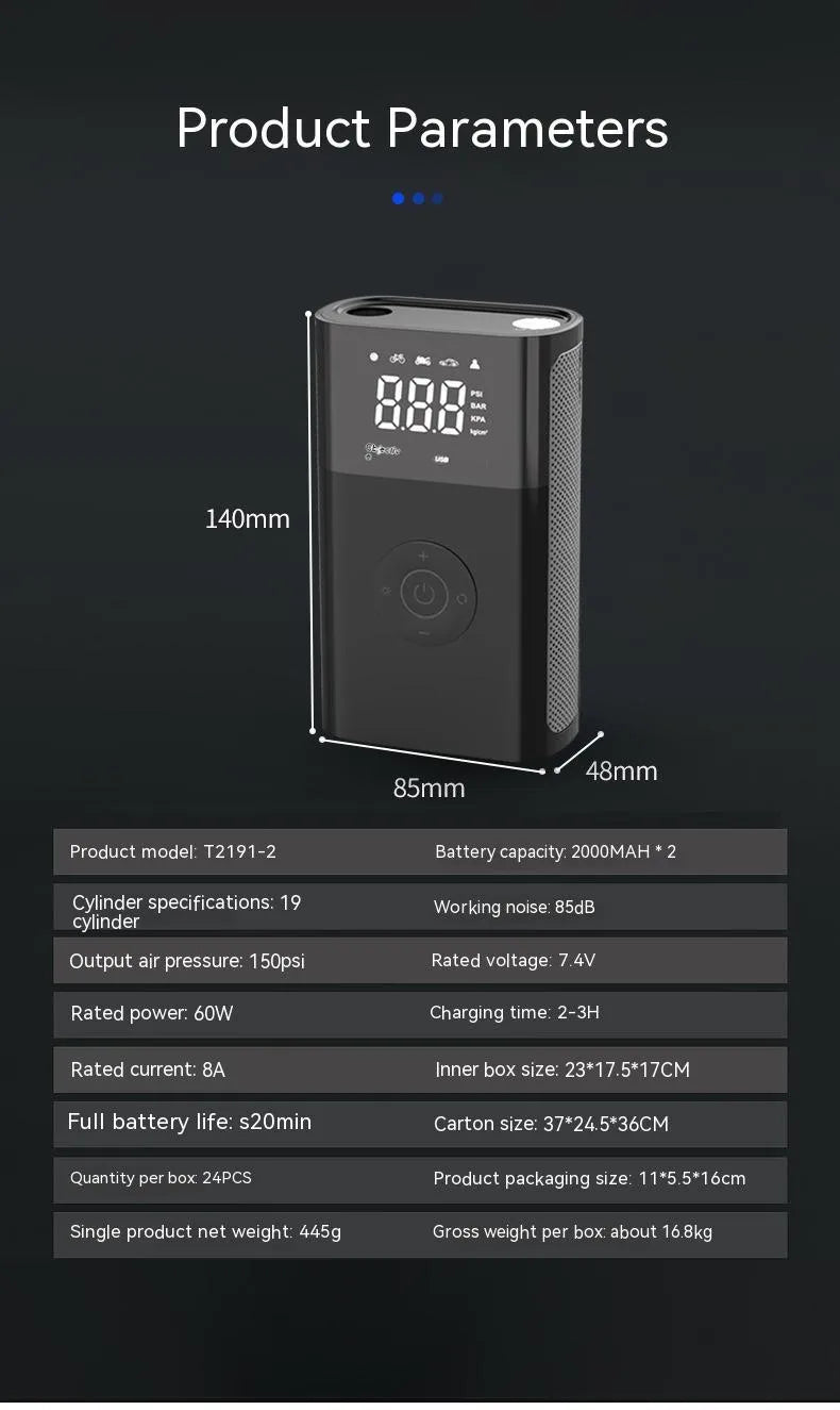 Black handheld wireless digital tyre inflator with LCD screen, showing pressure reading, with accessory nozzles