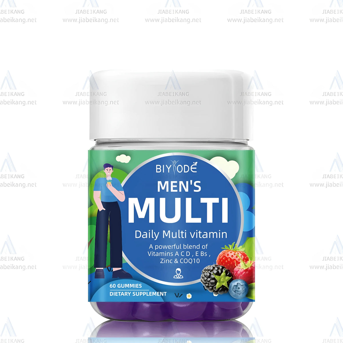 Men's multivitamin gummies bottle with 60 gummies, 2 per day dose, original or customized flavour