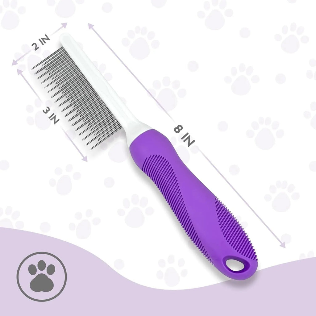 Purple pet detangling comb with stainless steel long and short teeth for dogs and cats
