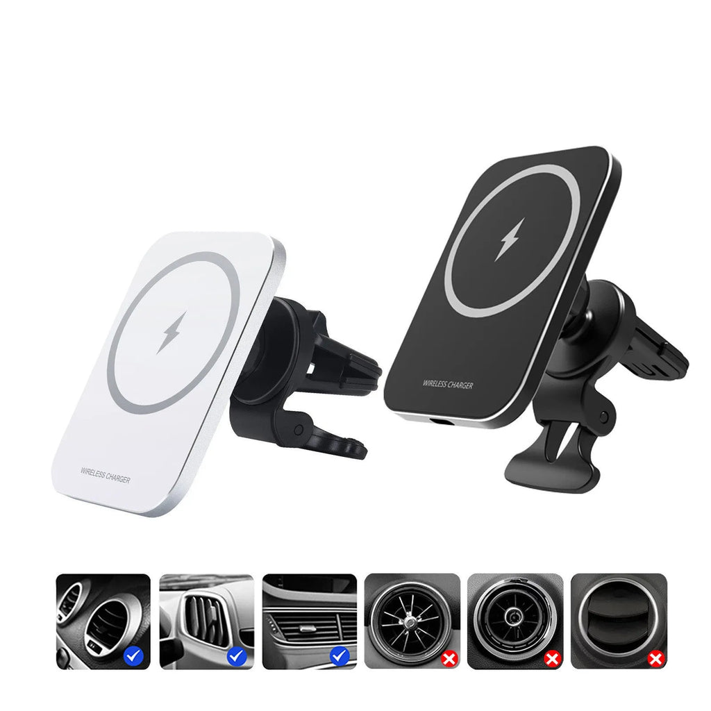 Black magnetic wireless charging car phone holder mounted on car dashboard with iPhone 12 attached