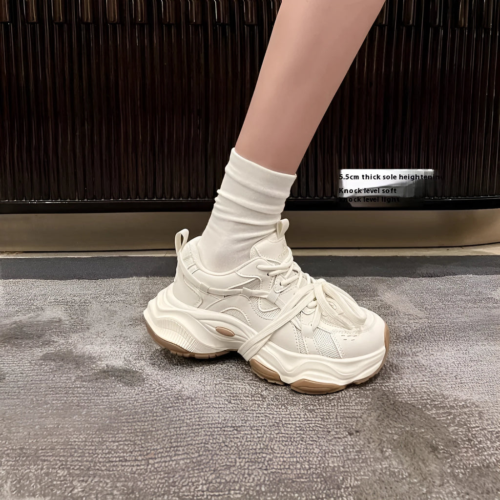 Women's milky white beige light running sneaker with platform heel and microfiber upper