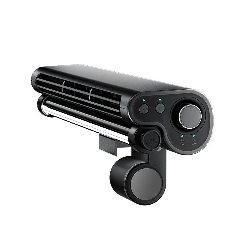 Black USB-powered bladeless desk fan with a screen clamp and integrated LED light, shown attached to a laptop.