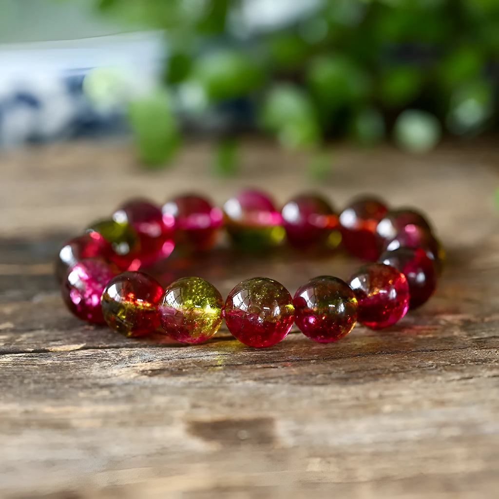 Handmade watermelon crystal bracelet showing crystal beads in pastoral casual style