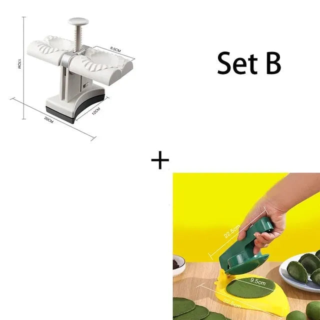 White plastic manual dumpling maker with double head press and anti-slip rubber base mat.