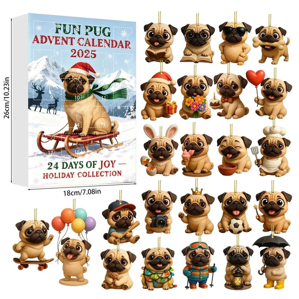 Acrylic Christmas tree ornament blind box with Pug Style 2 cartoon design for advent calendar
