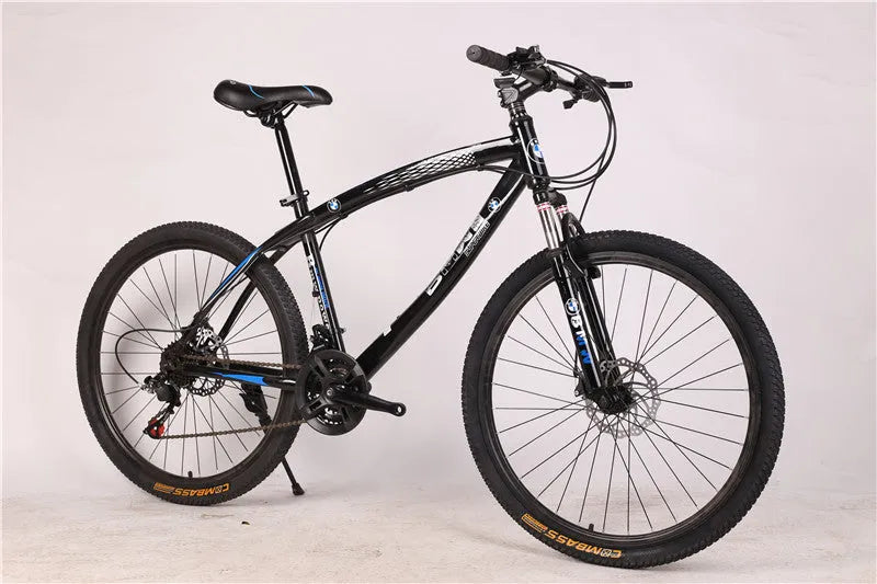 BMW cross country mountain bike with double disc brake, high carbon steel frame, black finish, 26 inch wheels