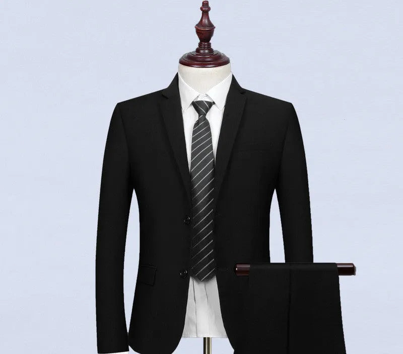 Men's slim fit business suit set with flat collar and back slit, acetate blend, eight style options, sizes S to 7XL
