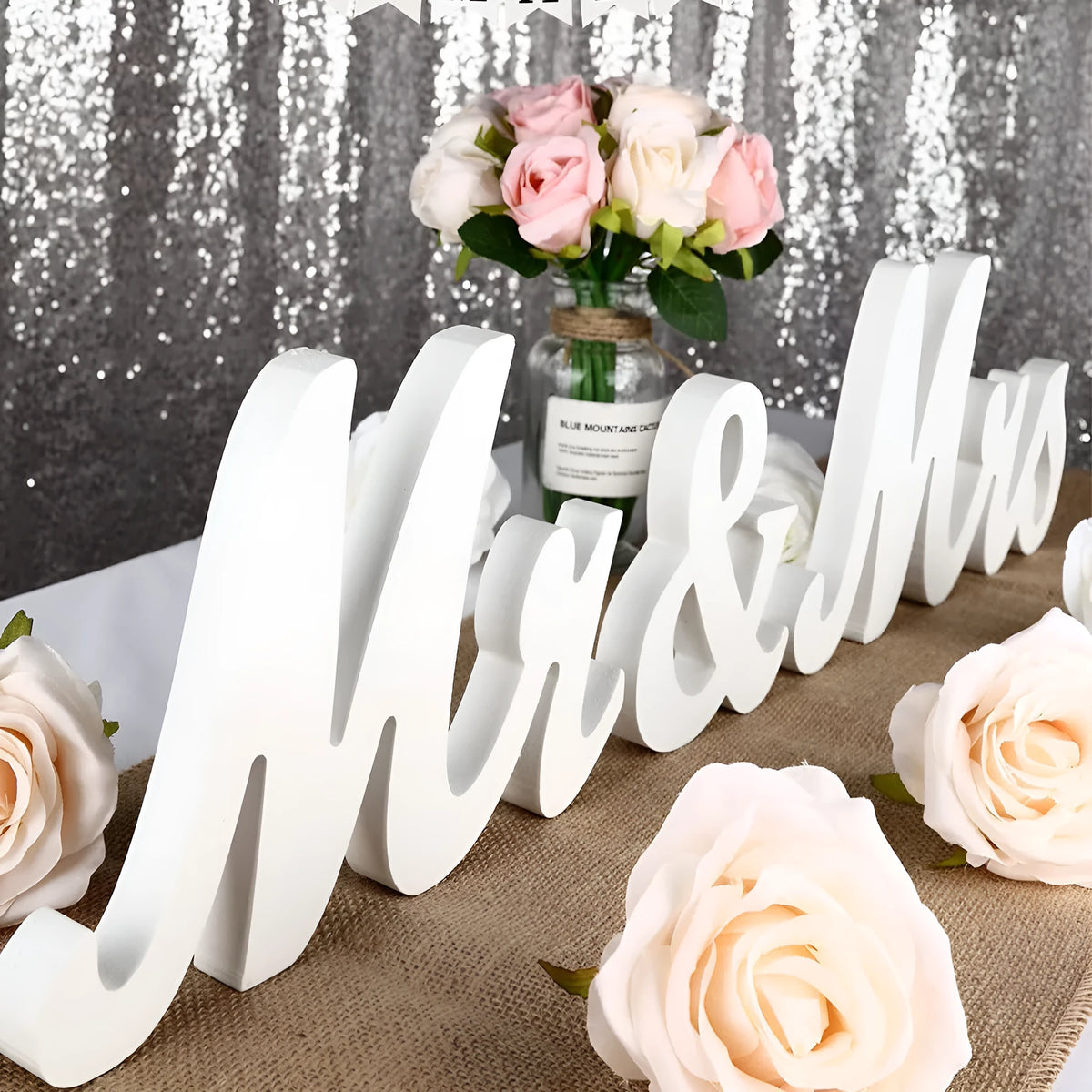 White wooden MR & MRS decoration on density plate with European style for shelf display