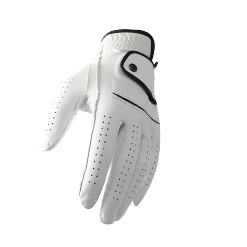 White men's golf glove with half sheepskin palm, shown laid flat.