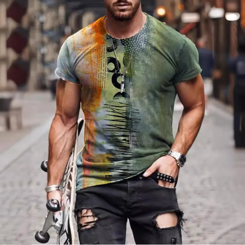 Man wearing a loose-fit camouflage print short-sleeved t-shirt.