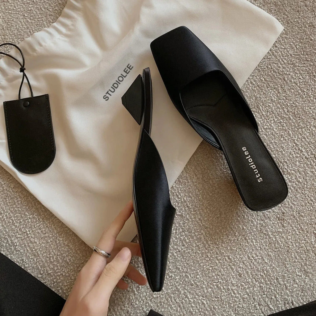 French style square toe satin muller sandals with triangle heel in Dark Night Black
