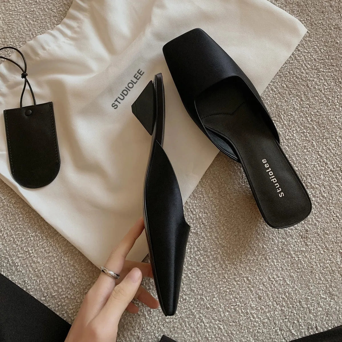 French style square toe satin muller sandals with triangle heel in Dark Night Black