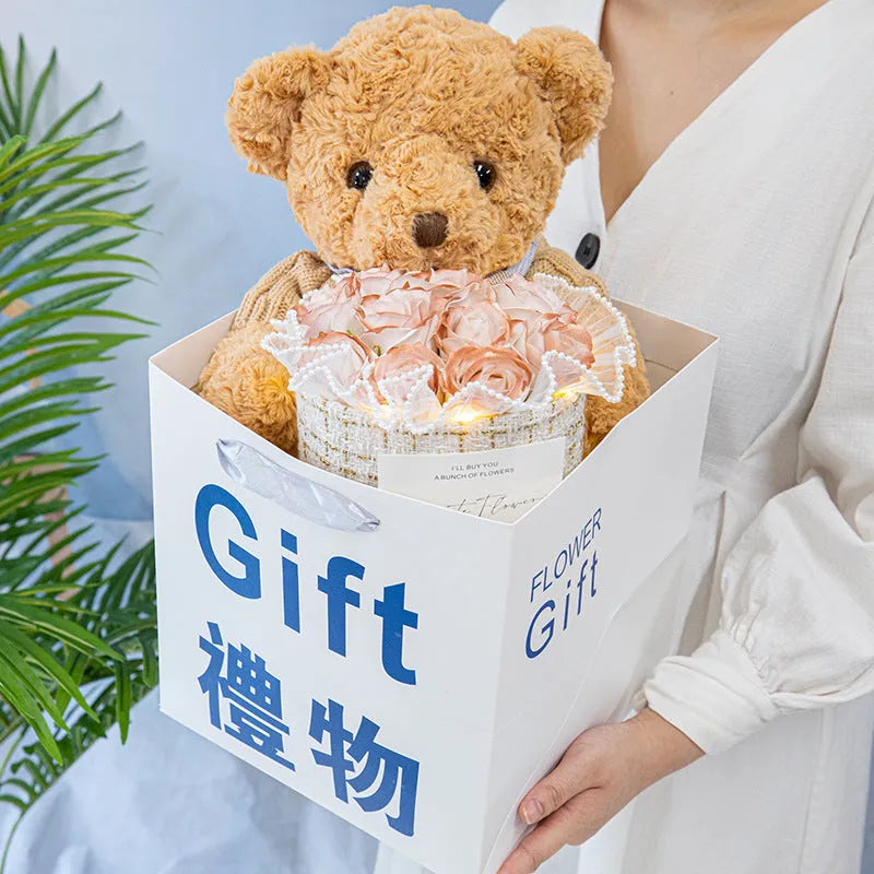 Plush bear doll with soap flower eternal rose bouquet in acrylic case 30cm height