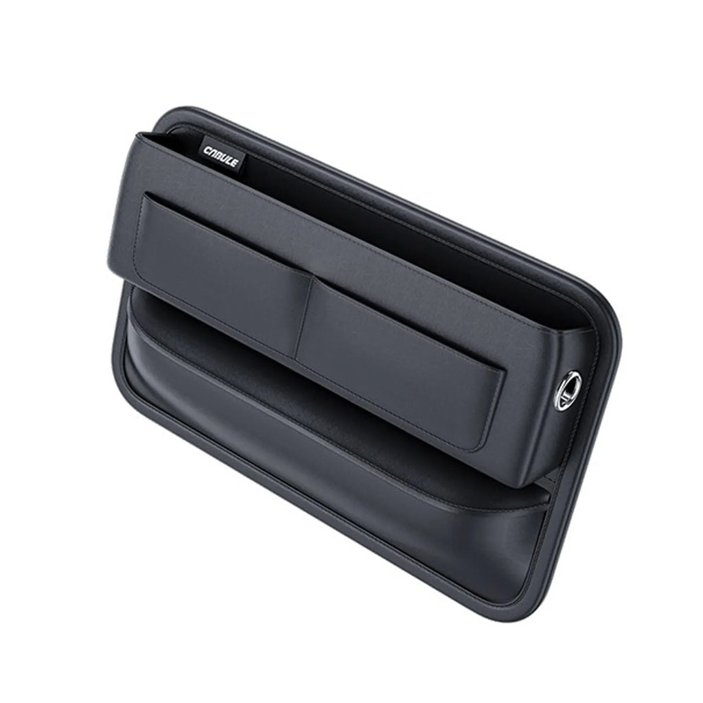 Black PU leather car seat gap storage box with data cable hole filling central console space