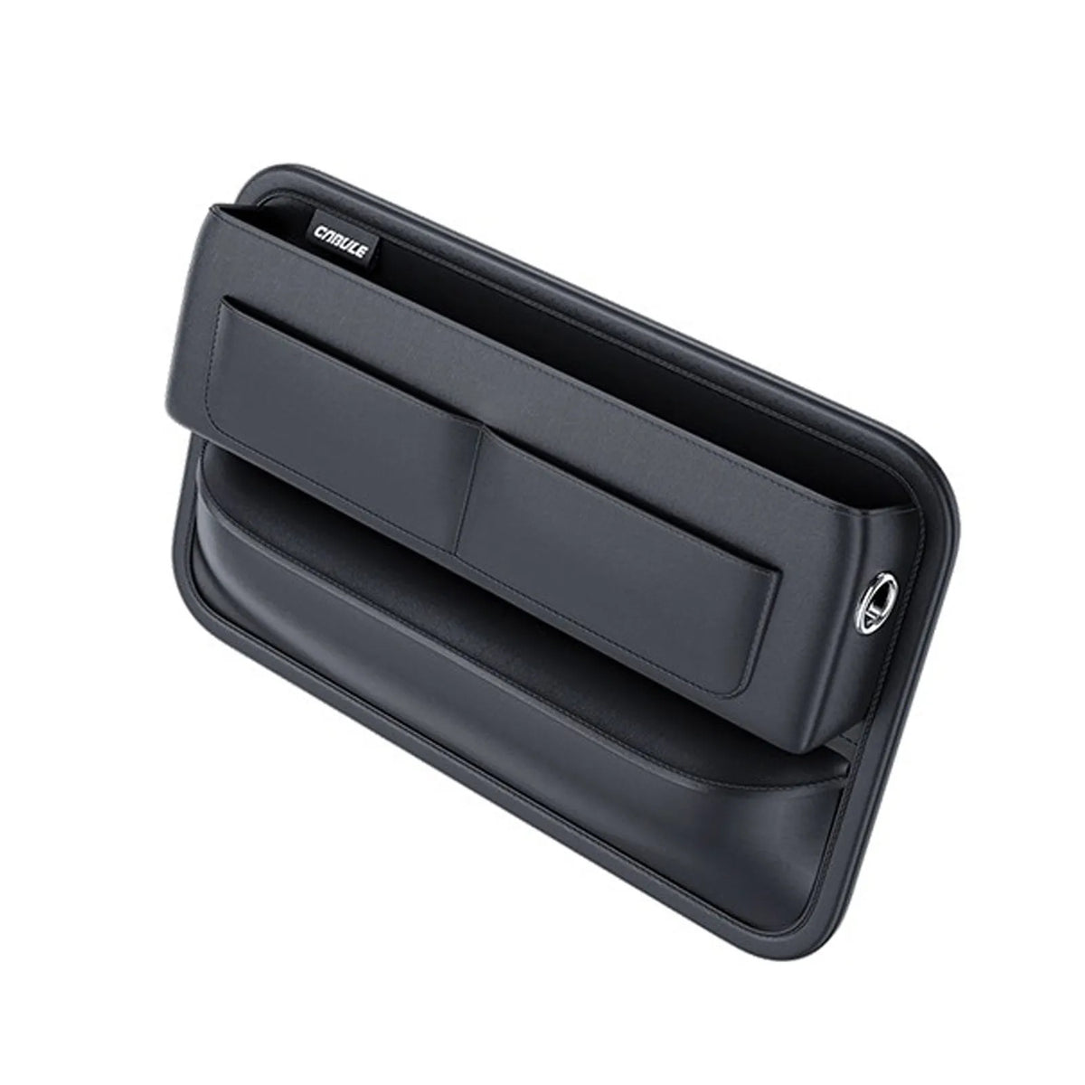 Black PU leather car seat gap storage box with data cable hole filling central console space