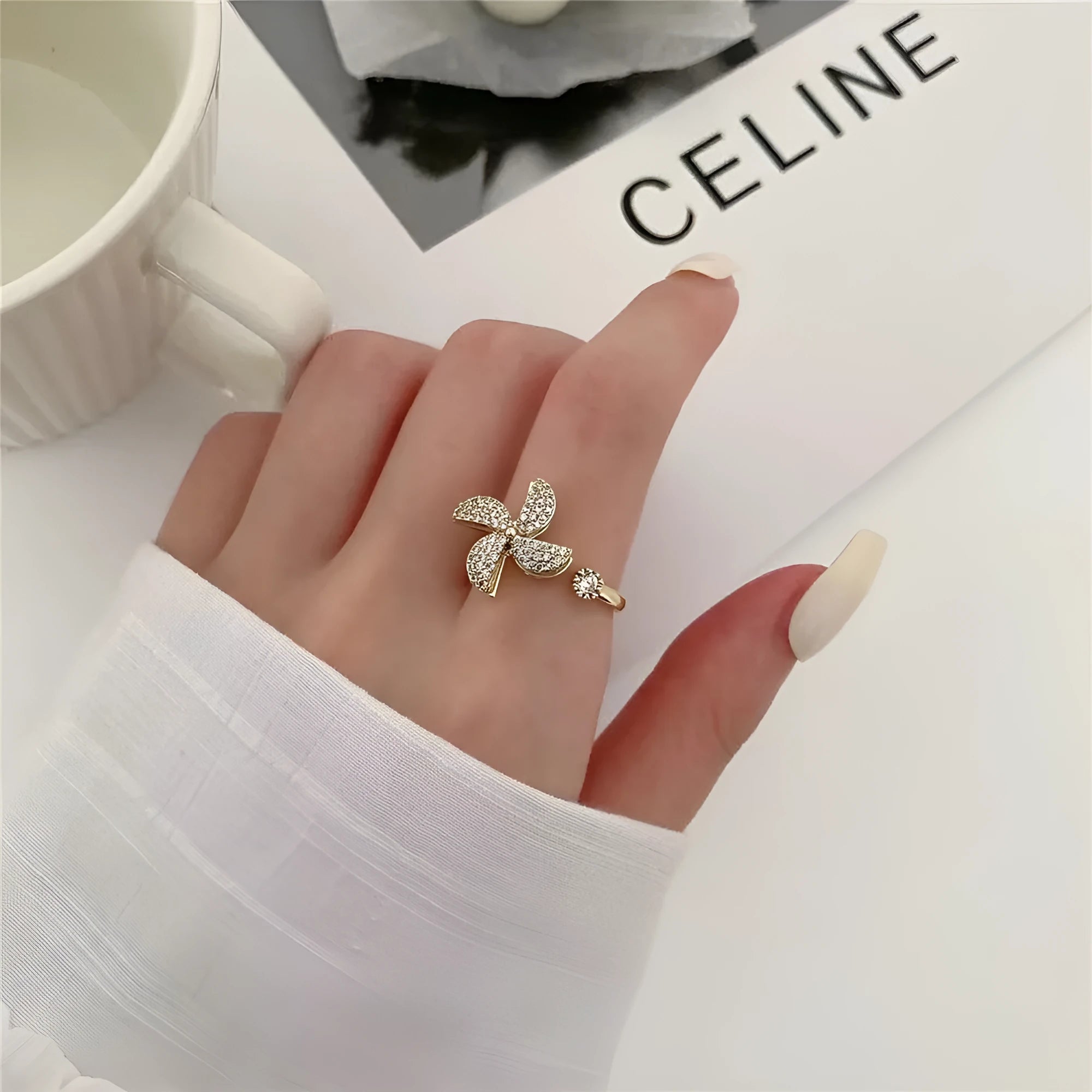 Rotating micro inlaid windmill ring in gold or silver electroplated copper