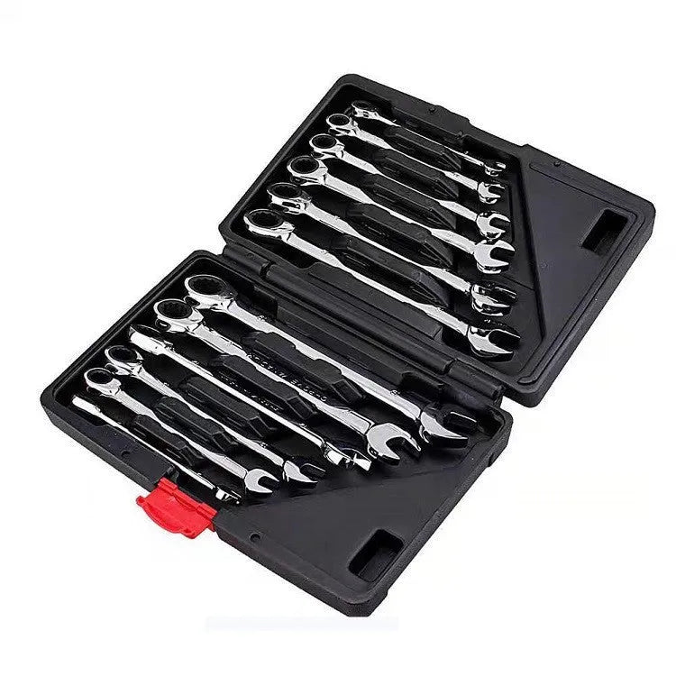 12-piece dual-purpose ratchet wrench set in plastic case with metric sizes 8-19mm