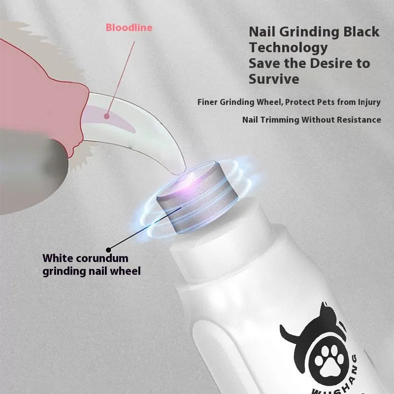 White plastic electric pet nail grinder with 3-speed adjustment and power display, plus charging cable