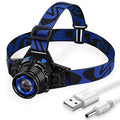 Blue rechargeable LED headlamp with aluminium alloy body and focusing head, head-mounted design for outdoor use