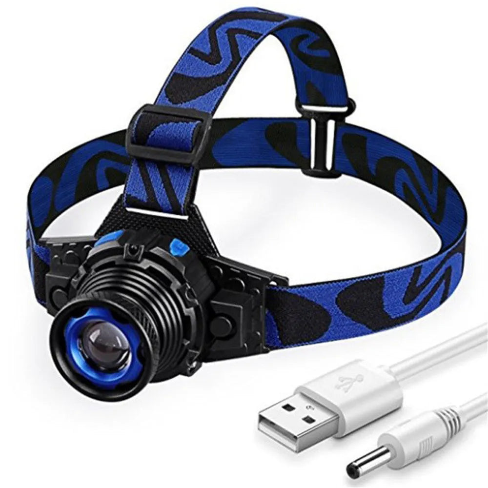 Blue rechargeable LED headlamp with aluminium alloy body and focusing head, head-mounted design for outdoor use